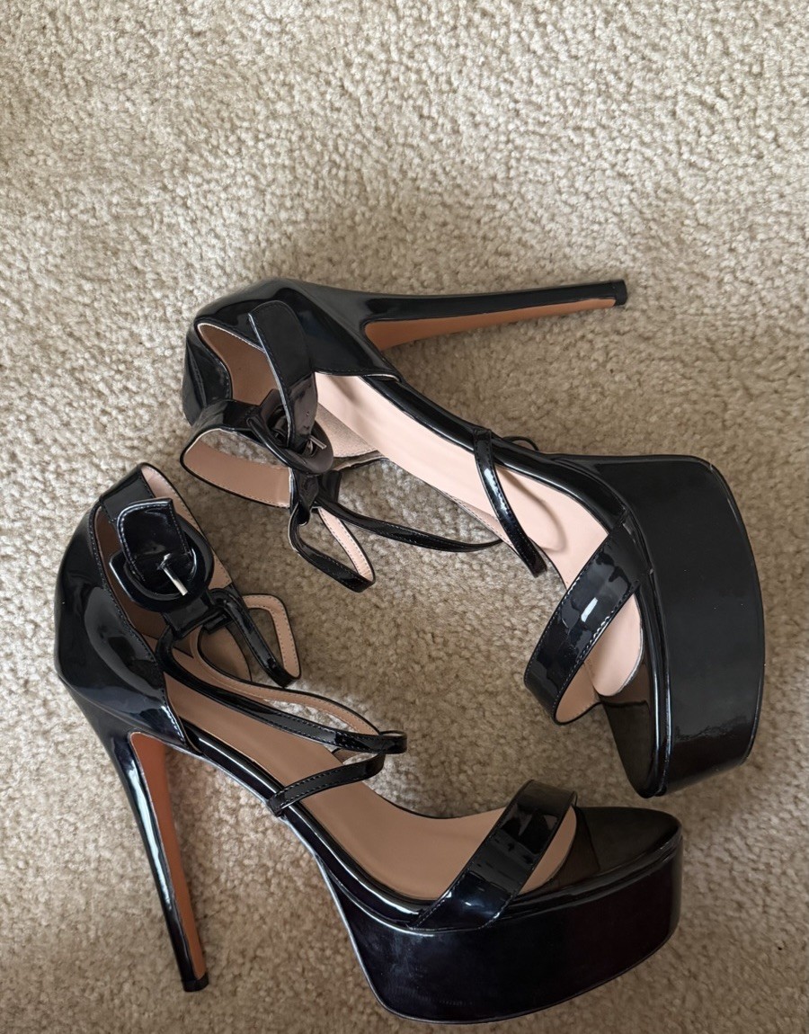 Women’s Black Patent Leather Platform Stiletto Heels Ankle Strap Buckle US 15