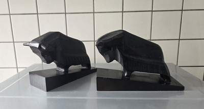 Vintage Buchstützen RHÖN-KUNST Stier Büffel schwarz handgefertigt Buffalo