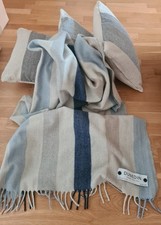 JYSK X 3 BLUE CREAM STRIPE CUSHIONS 45CM X 45CM +DUNEDIN WOOL THROW 185CM X 150