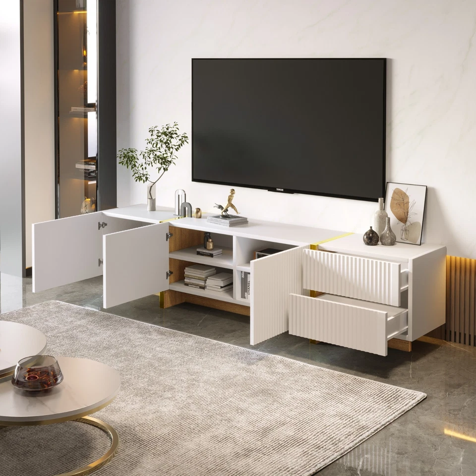 190 cm Lowboard TV Schrank Board mit 2 Schubladen Fernsehschrank Weiß Gold 3 Tür - Bild 4 von 4