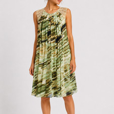 Simply Vera Wang Dress Sz L Green Cream Abstract Pleated Sleeveless Boho Comfort