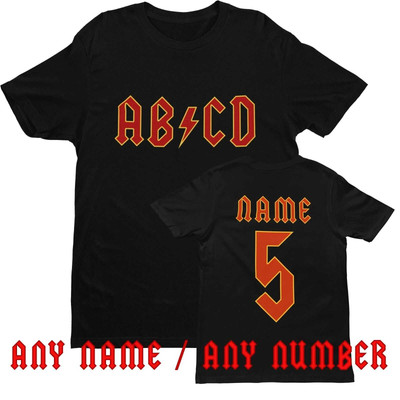 PERSONALISIERTES T-Shirt Kinder AB-CD in Retro-Rock-Schriftart mit NAMEN & NUMMER auf der Rückseite