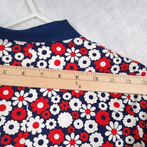 Vintage 70s Floral Overcoat Girls 8 Blue Red Cotton Canvas Tie Neck Swing Jacket - Picture 15 of 20