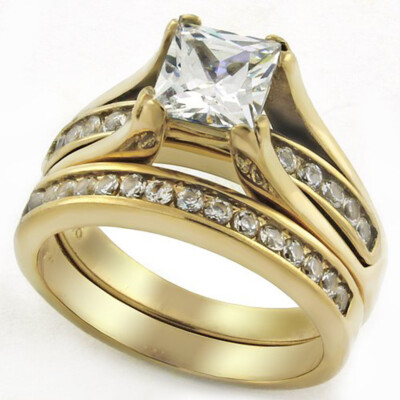 2.10 Ct Princess Cut CZ Stainless Steel 14k GP Wedding Ring Set Women's Sz 5-11