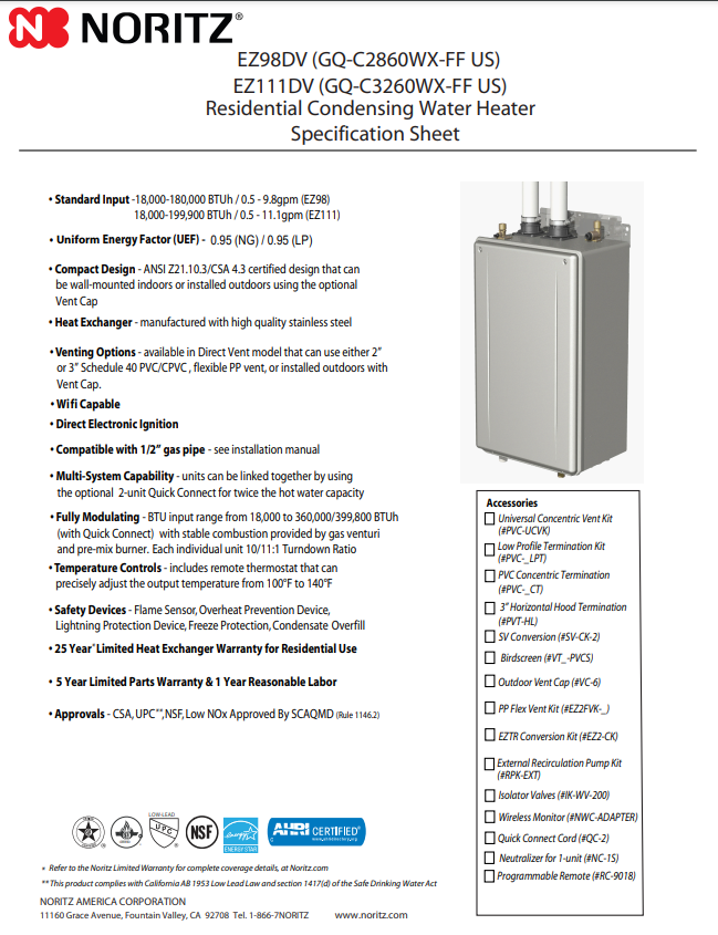 Noritz EZ98DVNG EZ Series Whole Home Tankless Water Heater, 9.8 gpm | eBay