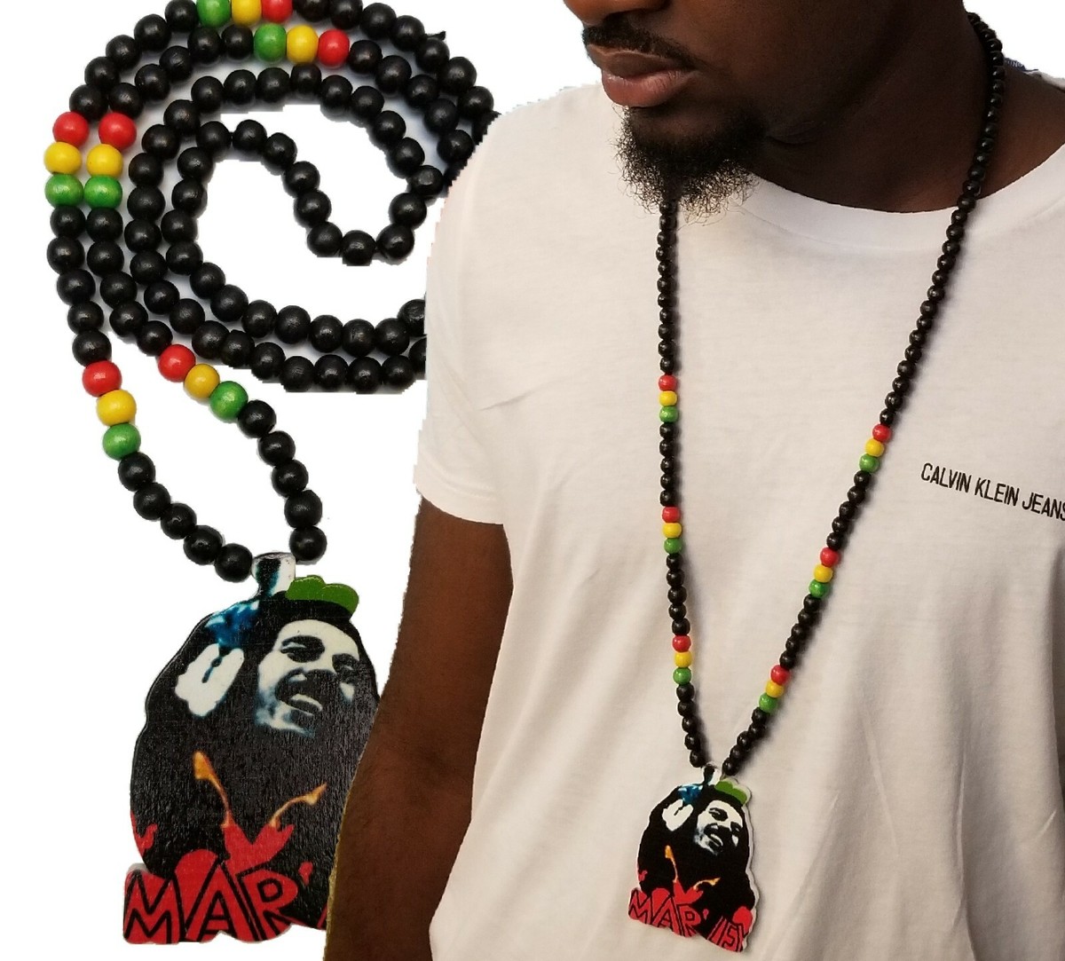 Bob Marley Africa Wooden Pendant Necklace Beads Chain Wood Long 