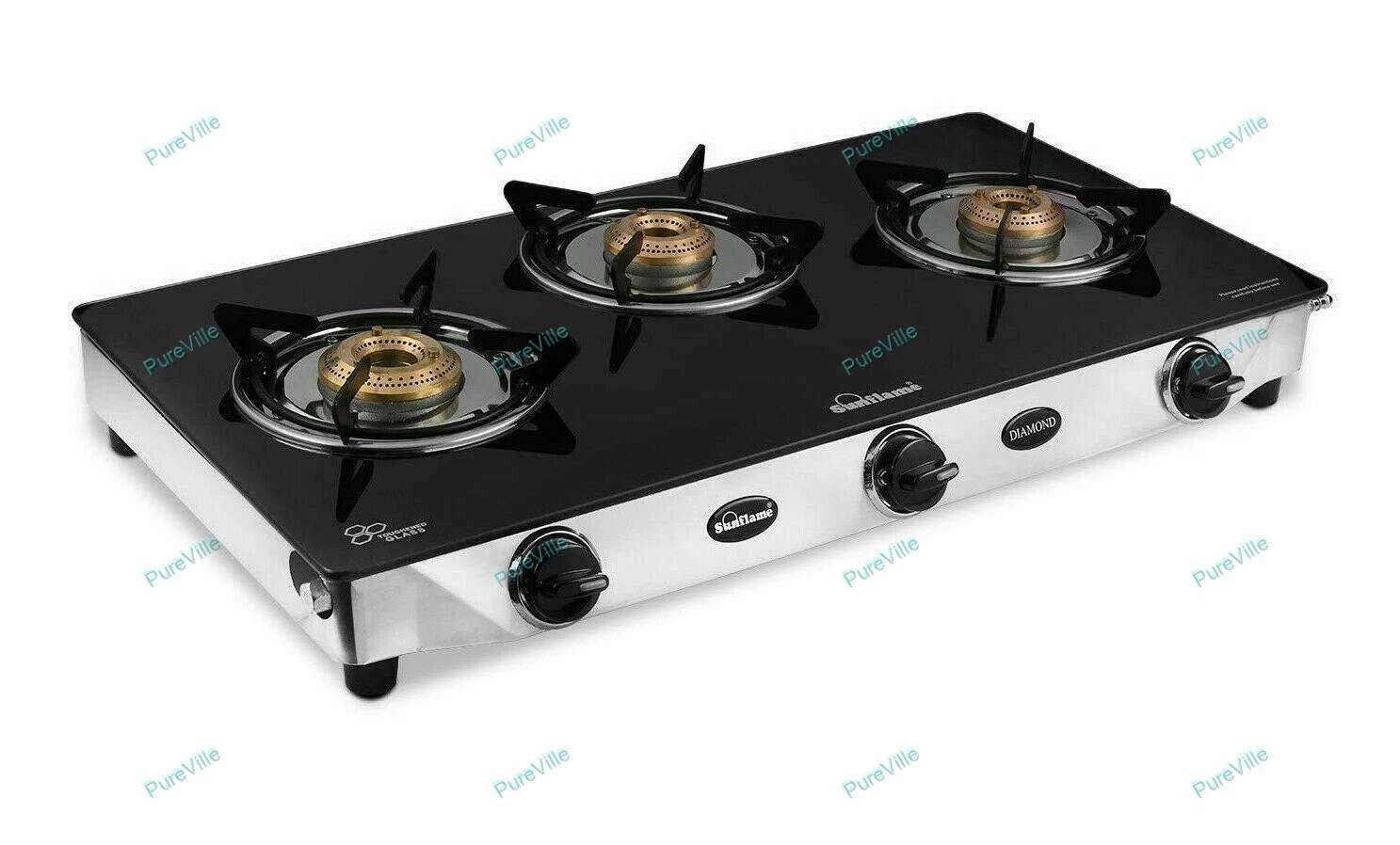 Sunflame Diamond Glass Glass Top 3 Burner Gas Stove, Manual Ignition Black Color