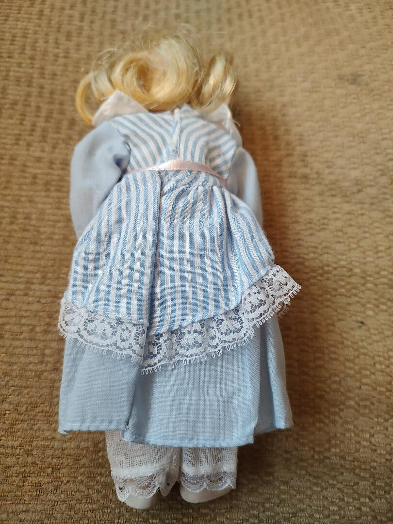 PORCELAIN DOLL GIRL in Sunday dress 7.5" Painted eyes handcrafted