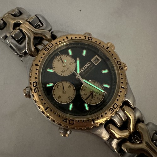SEIKO SPORTS 100 QUARTZ MEN’S VINTAGE CHRONOGRAPH Green & Gold 7T32-6G20 Sz. 7” - 第 2/24 張圖片