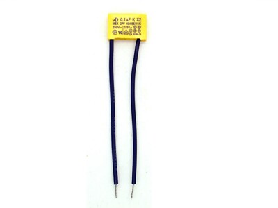 1x Kondensator 100nF K X2 275V~ VAC, Kabel ca.7cm RM15 (0,1µF,uF,AC,250V~)T281