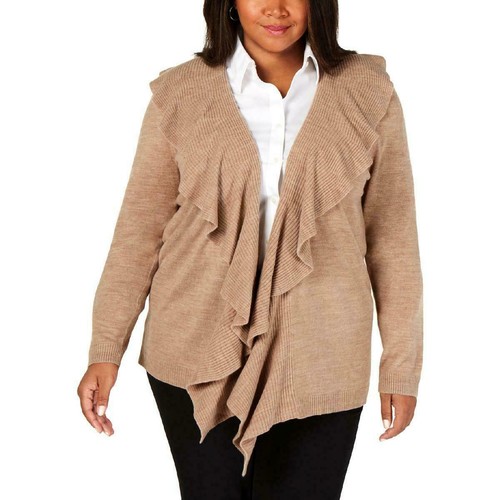 Karen Scott Sweater Beige Size 1x Plus Luxsoft Ruffle Cardigan
