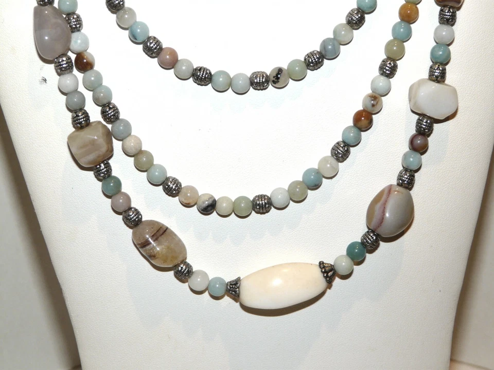 Collier plastron 3 rangs en pierre véritable amazonite et agate UNIQUE - Photo 2/4