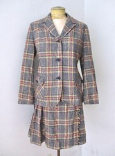 Vtg 60s navy yellow red plaid tweed 2-pc secretary swing skirt jacket suit M