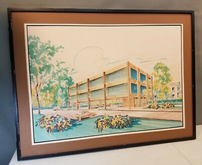 Vintage Marker on Paper Mid-Century Modern Architectural Rendering Hartford Conn