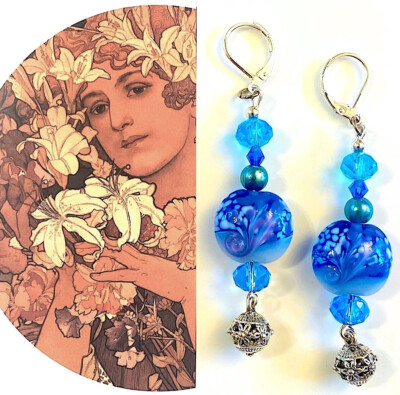 Quality Artist-made EARRINGS Lamp-work Vintage Style Blue Wave Discs STERLING