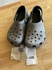 New CROCS Kids CLASSIC GLITTER CLOG K SIZE J1 Tags SILVER Black Comfort Shoes