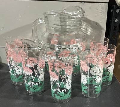 Vintage Hazel Atlas MCM Pink & Green Flowered Water Pitcher W/7 Glasses