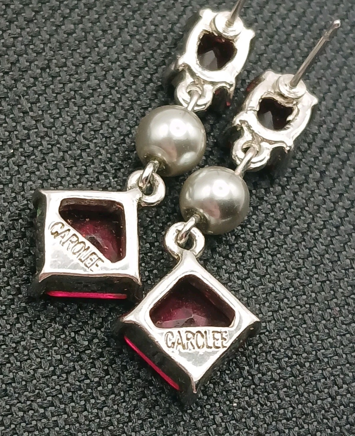 Carolee Signed Red Rhinestone Dangle Earrings Sil… - image 5