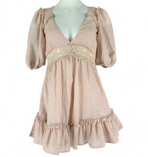 Saints + Secrets Mini Dress Ruffle V Neck Puff Sleeve Open Back Boho Coquette XS
