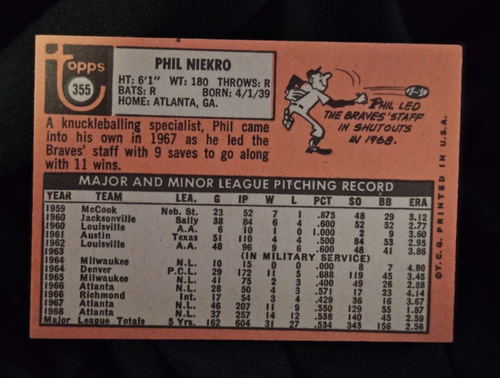 1969 Topps Atlanta Braves Phil Niekro #355 MLB Hall of Famer - Picture 2 of 2