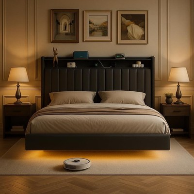 Floating Bed Frame W/ Storage, RGB Lights & Charging Station, No Box Spring