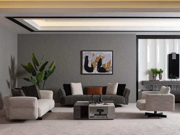 Moderner Beige-Grauer Wohnzimmer Set Aus Textil Und Holz-image
