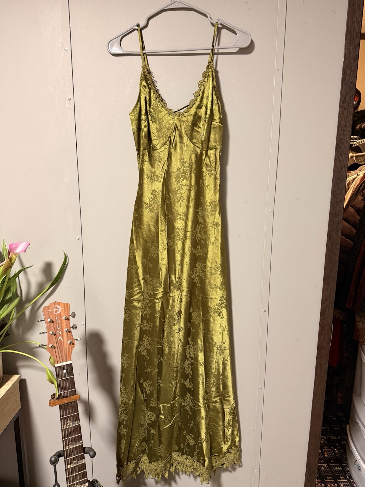 Rihoas Women’s Green Floral Satin Lace Full Slip, Adjustable Straps, S