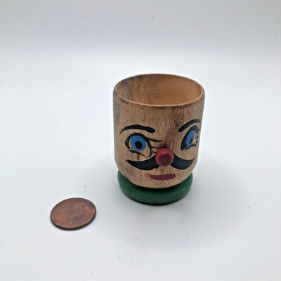 Vtg Wooden Mini Egg Cup Red Nose Mustache Green Base Mid Century 2'' (one only)