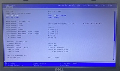 Dell Vostro 3700 Intel i5-M520 2.40GHz 2GB RAM No HDD Boot to BIOS