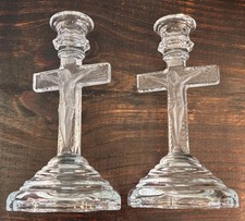 Vintage Pair of Glass INRI Cross Crucifix Candle Holders HOMCO Made in USA