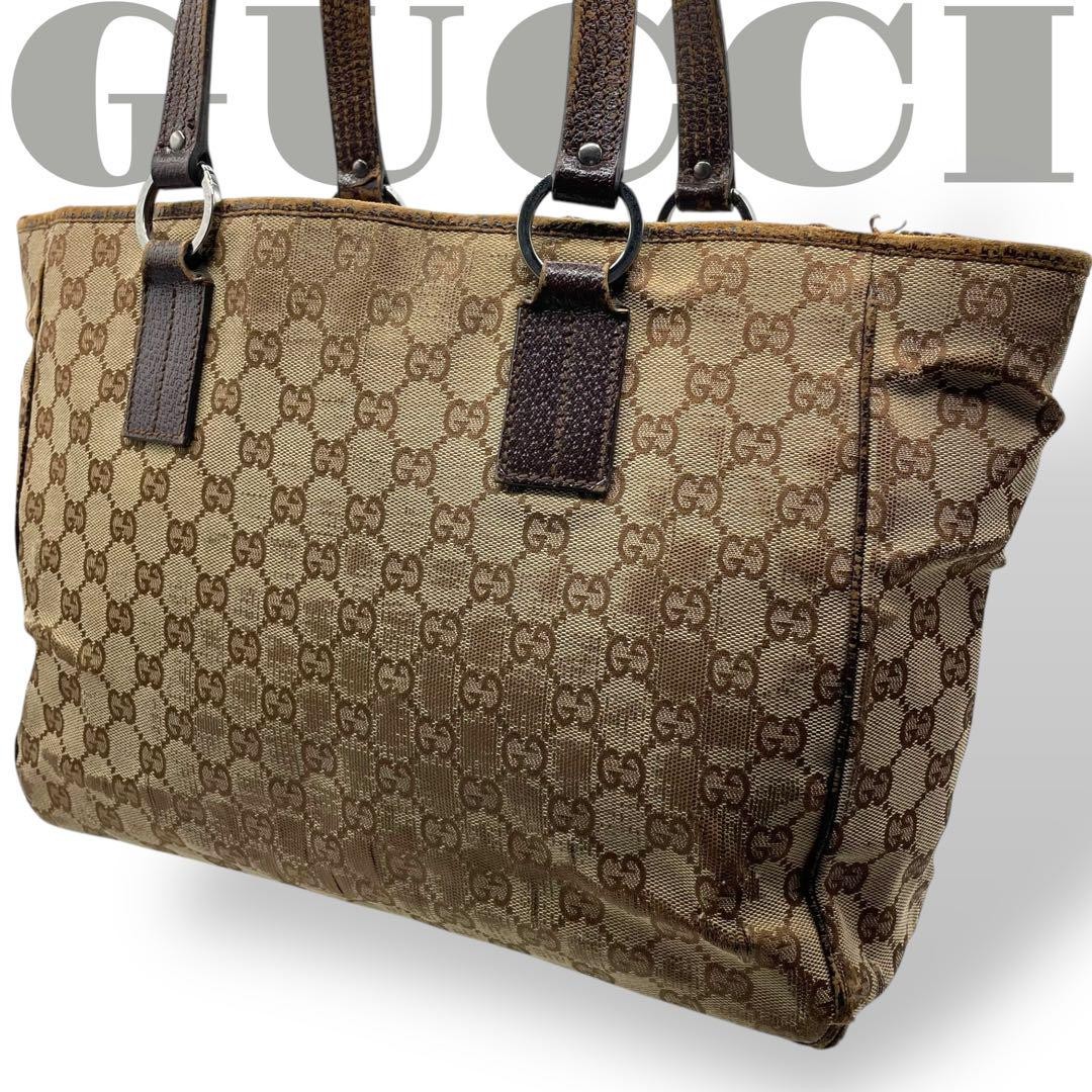 Gucci GG Canvas Leather Brown Tote Bag Shoulder Bag Authentic