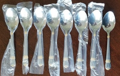 New Lot of 8 Teaspoons 5 3/4'' Gold Accents Unknown Mfg. Stainless China