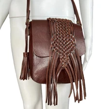 Vintage Y2K Lucky Brand Brown Leather Whipstitch Flap Fringe Crossbody Bag Boho