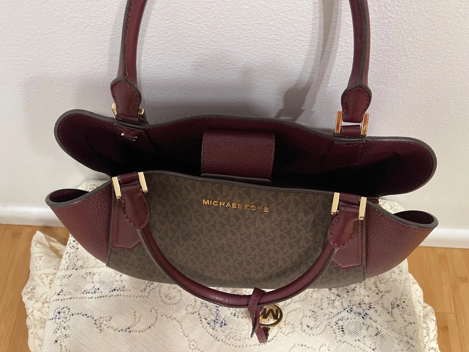 MICHAEL KORS Kimberly Signature EW Satchel Burgundy & Brown Leather 35F9GKFS7V - Image 3 of 4