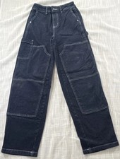 SO Teens/Women  s High Rise Carpenter Jeans Dark Wash Blue Denim Cargo Pockets