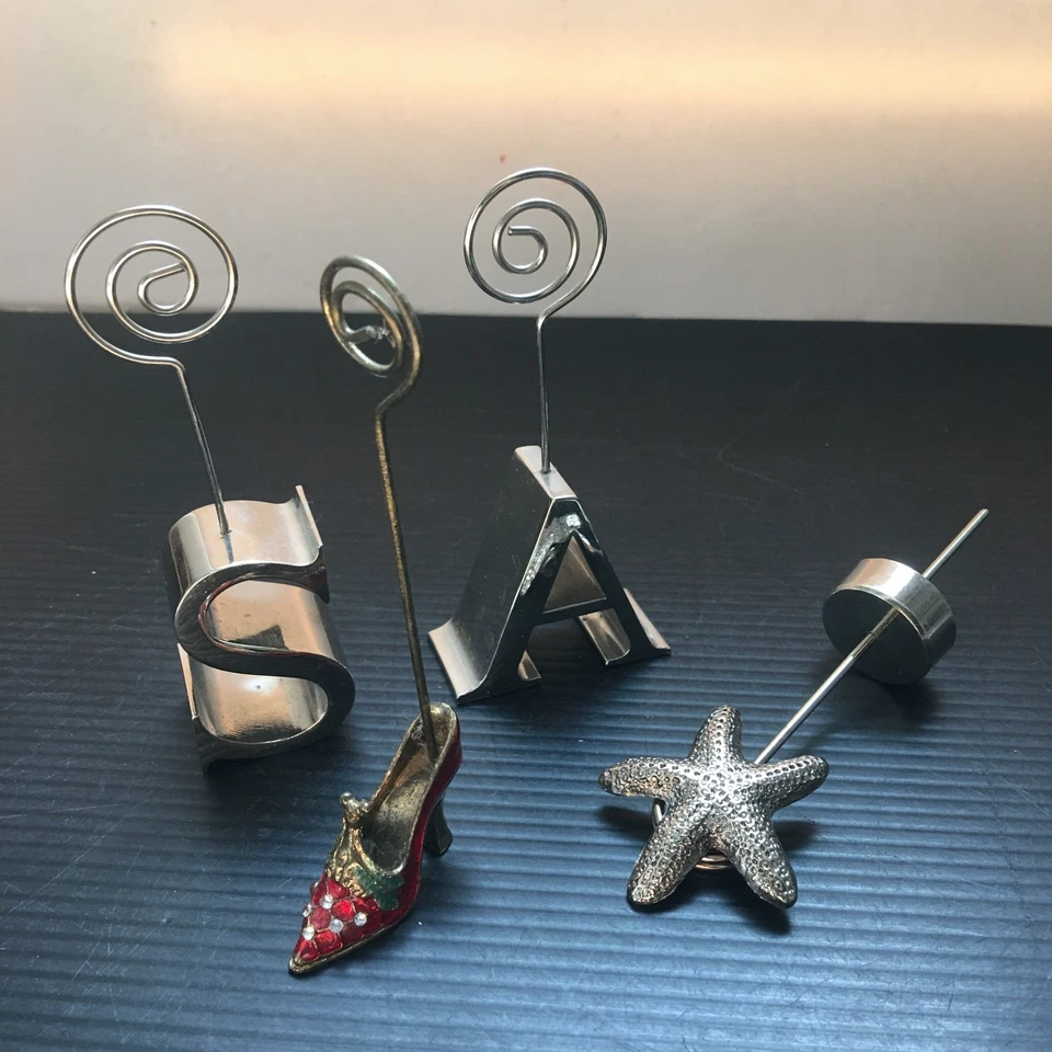 4 Vintage Stainless Note Clips Silver "S" , "A", Starfish & Red Enamel High Heel Foto 3 de 4