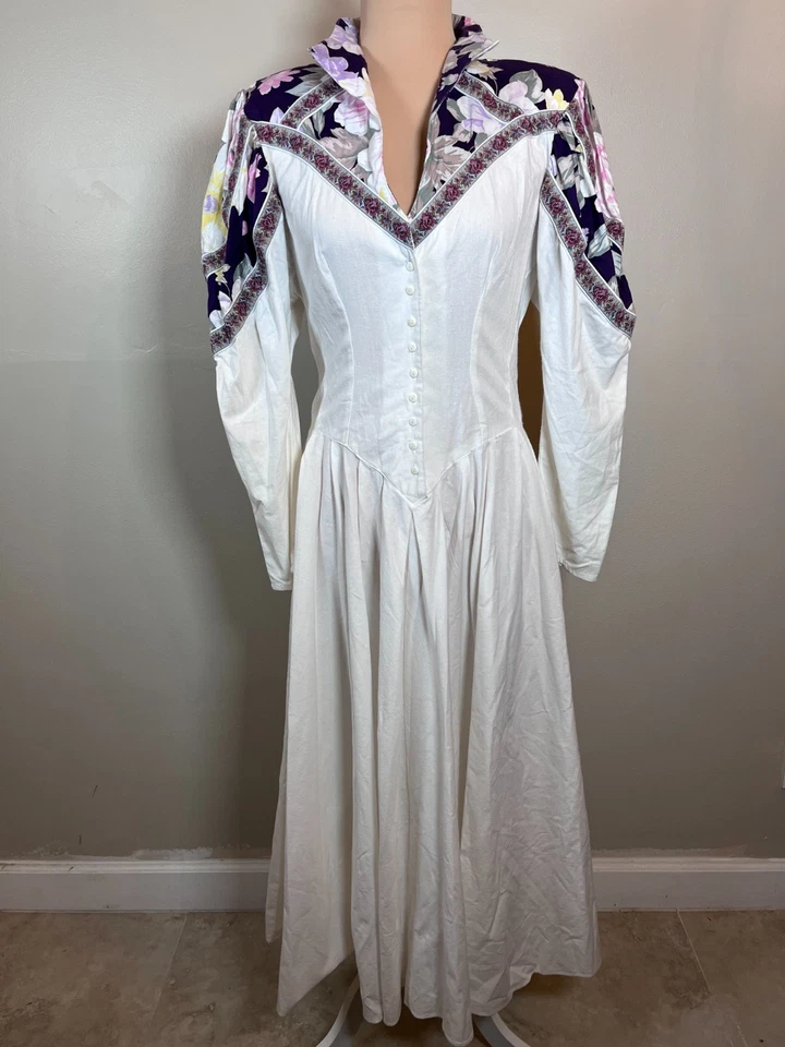 VTG Menu Cottagecore Prairie Dress Women's M White Coquet Floral Western Peasant - Image 2 of 4