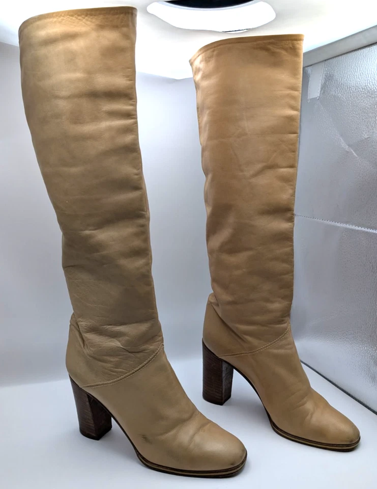 Pollini VTG Women's Knee high boots, Tan Leather, 3 1/2" heel Size 5 1/2 B - Image 3 of 4