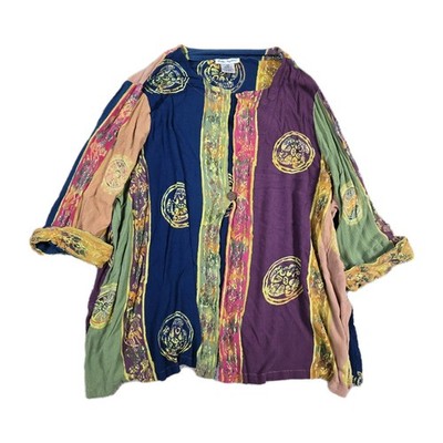 Ulla Popken Artsy Cardigan Plus 32 Mixed Print Colorful Roll Sleeves Wood Button