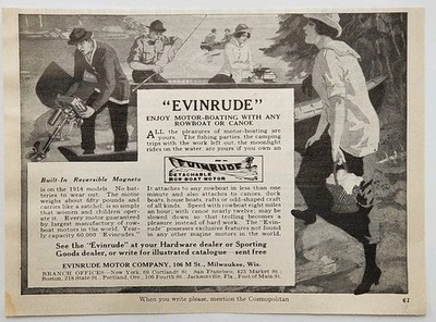 1914 Evinrude Motor Co Row Boat Canoe Fishing Original Print Ad Milwaukee WI