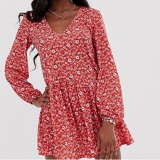 ASOS Red Ditsy Floral Boho Smock Long Sleeve Mini Shirt Dress Size 2 Feminine