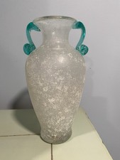 Vintage Murano Style Hand Blown Glass Vase Featuring The Scavo Technique W/ Teal