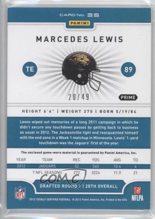 2012 Totally Certified Materials Platinum Gold Prime /49 Marcedes Lewis #35 - Image 2 of 2