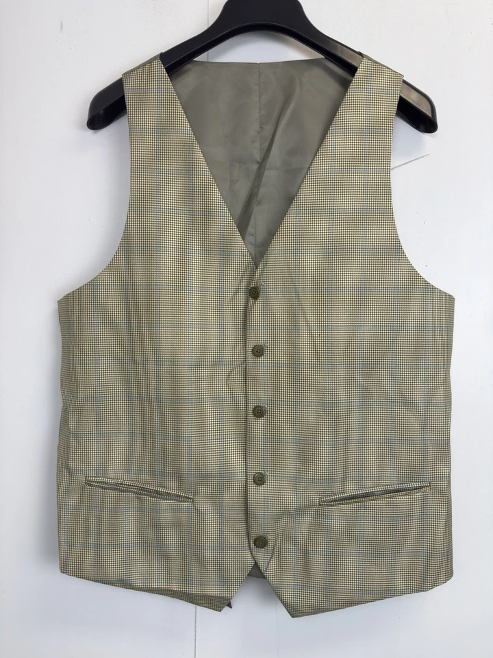 EJ Samuel 3 Pc Suit Blazer Vest 44R Pleated Pants 38X30 Cream Olive Houndstooth - Image 4 of 4