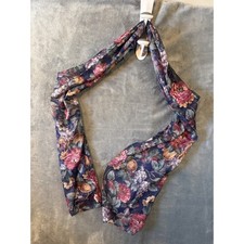 Vintage Floral Chiffon Scarf Navy Blue Pink Roses Grapes Fruit Print Wrap Scarf