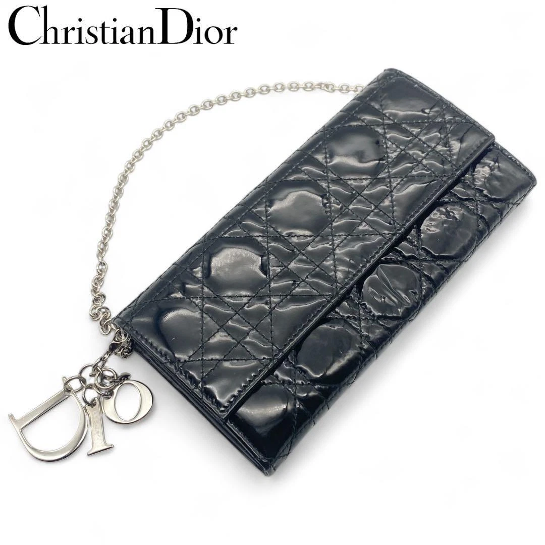 Authentique chaîne portefeuille longue émaillée noire Christian Dior logo breloque avec boite