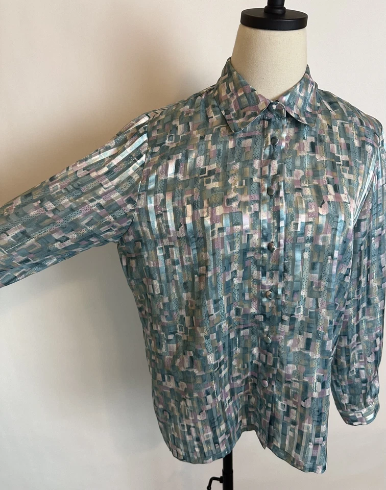 Blusa Secretary Vintage Mujer Mediana Transparente Satén Rayas Jacquard Verde azulado Años 80 90  Foto 4 de 4