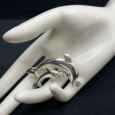 Large Sleek Dolphin Family White Zirconia Nature Love Sterling Silver Pin/Brooch