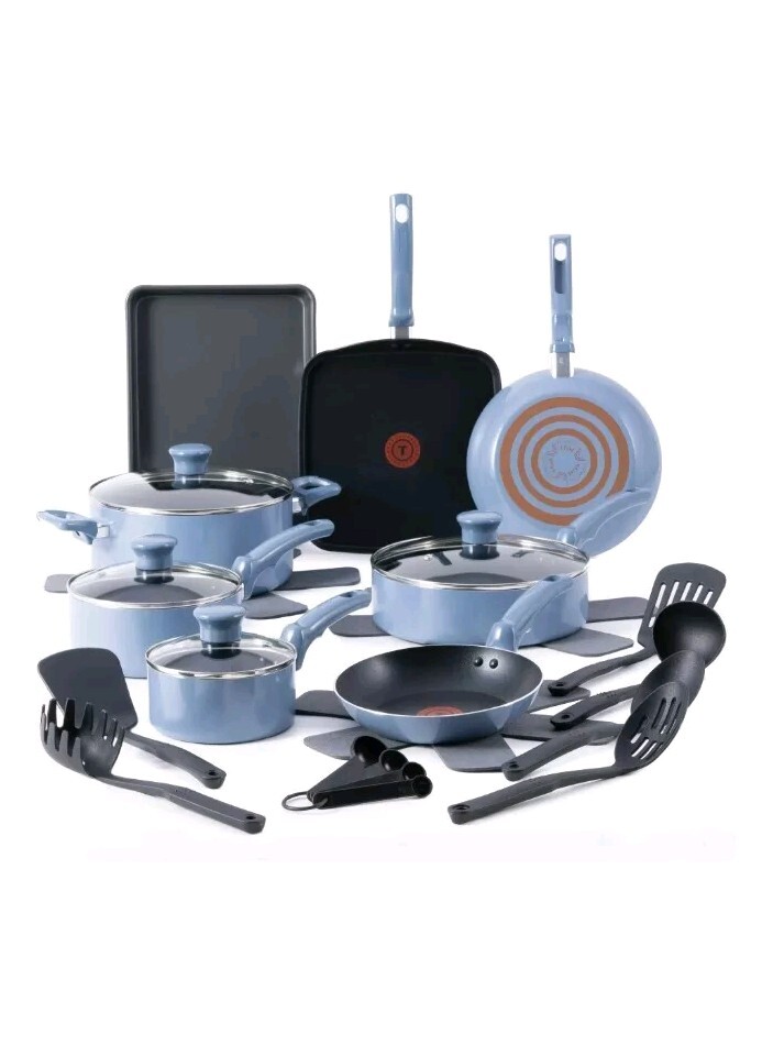 T-fal Excellence Ceramic Non Stick Cookware 10 piece Set Blue New