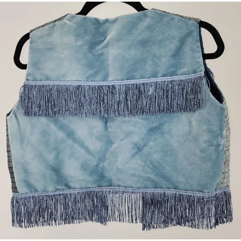 Hecho a mano Vintage Material de tapicería Terciopelo y flecos Chaleco Disfraz Ropa Azul ÚNICO EN SU CLASE Foto 2 de 4